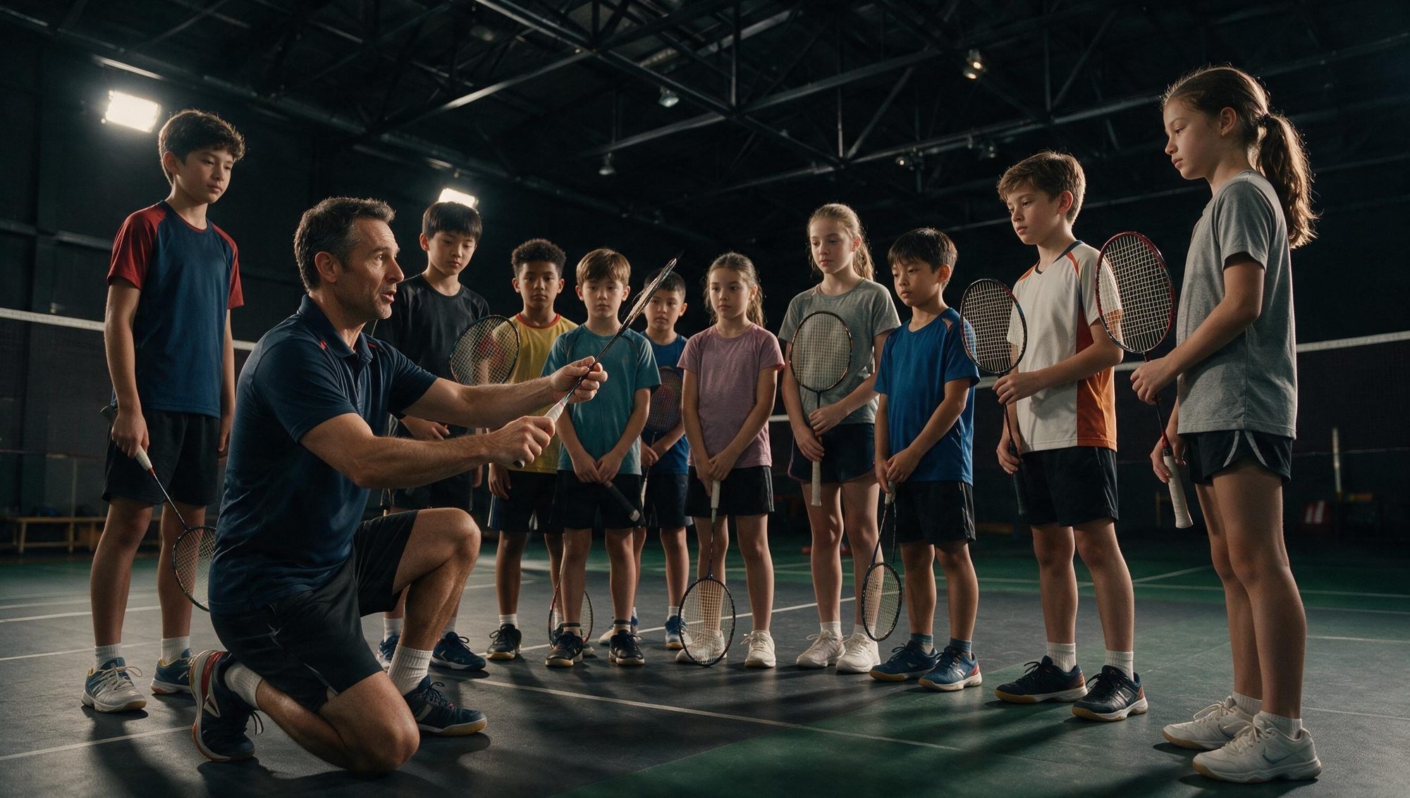 Coach instructing junior players on a premium indoor court