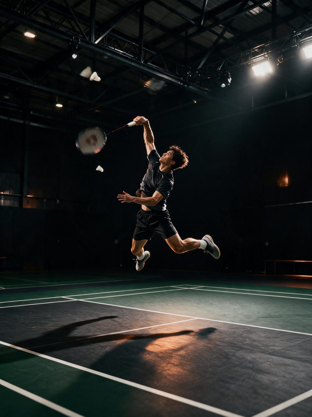 Player executing a jump smash on a premium indoor badminton court