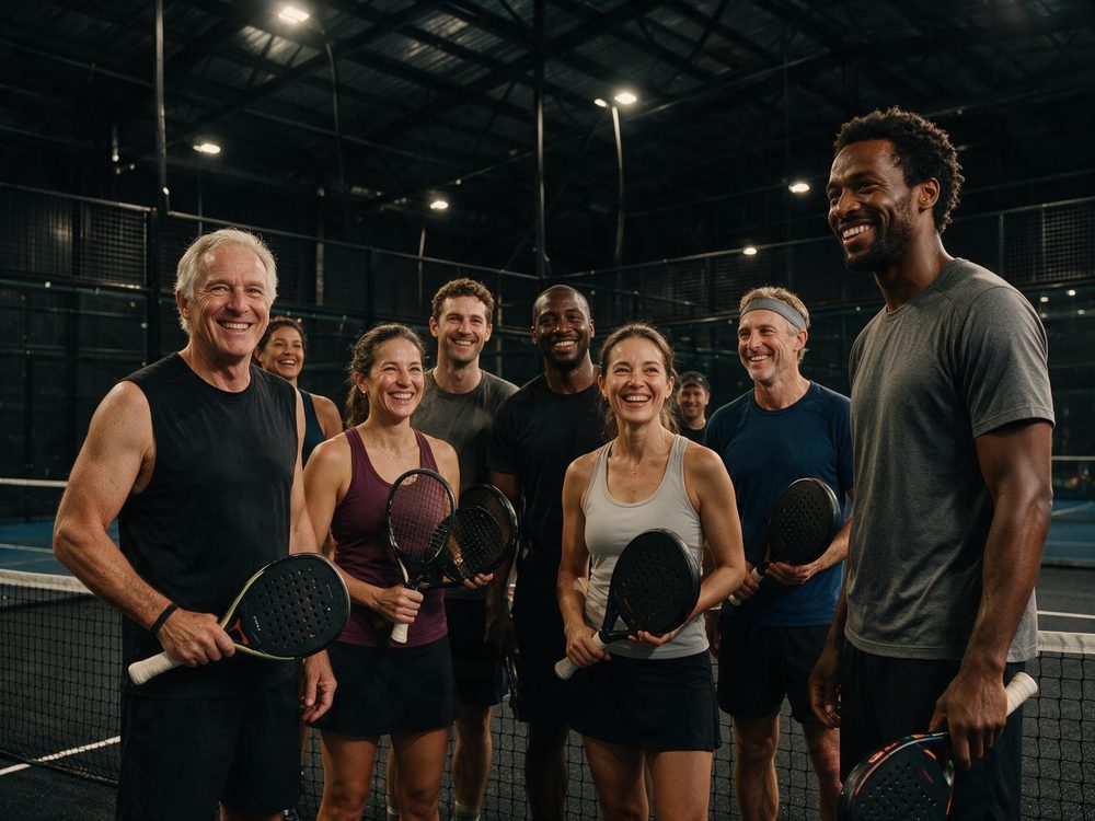 Players of mixed ages gathered courtside after play