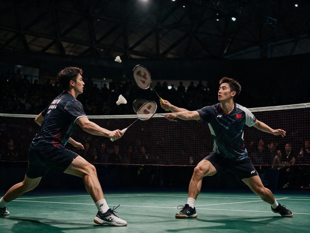 Competitive indoor doubles match with spectators