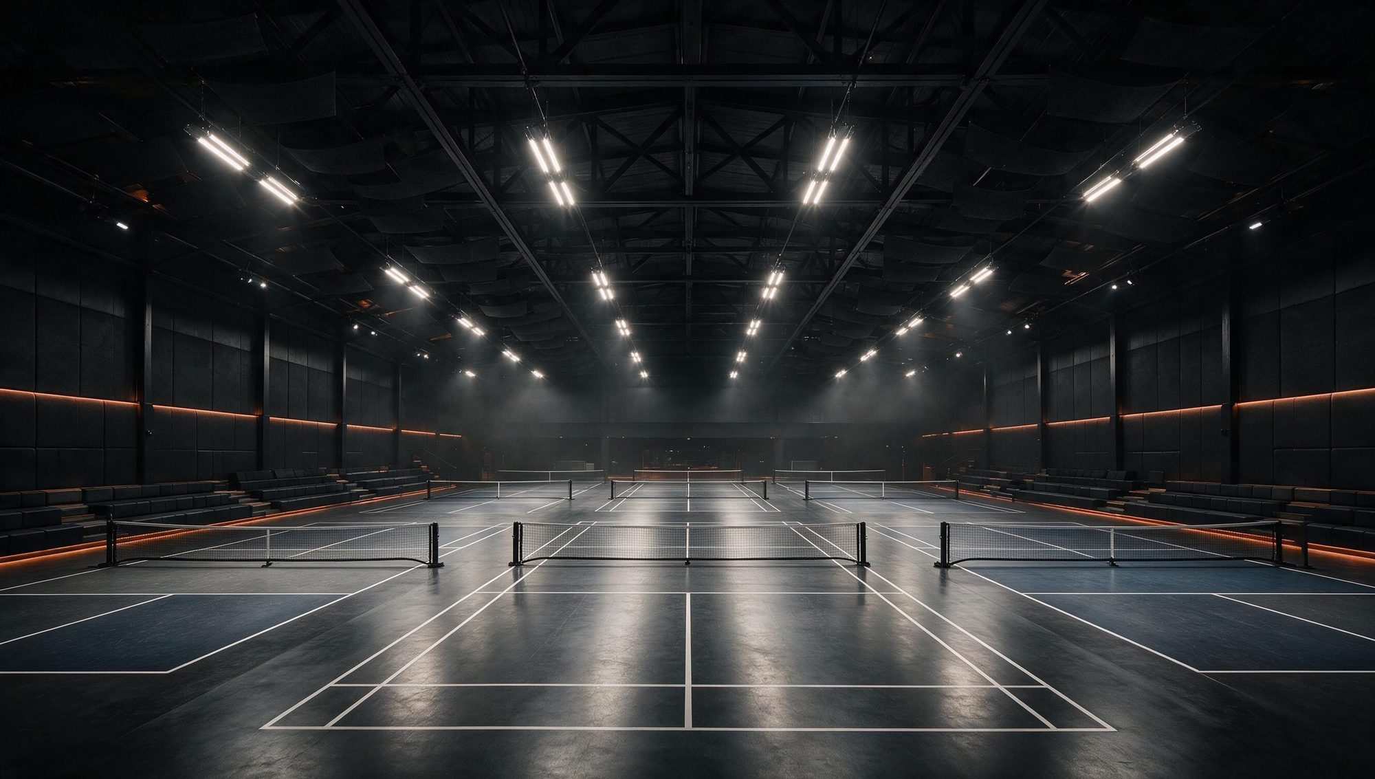 Wide interior view of a premium indoor racquet sports facility with high dark ceiling
