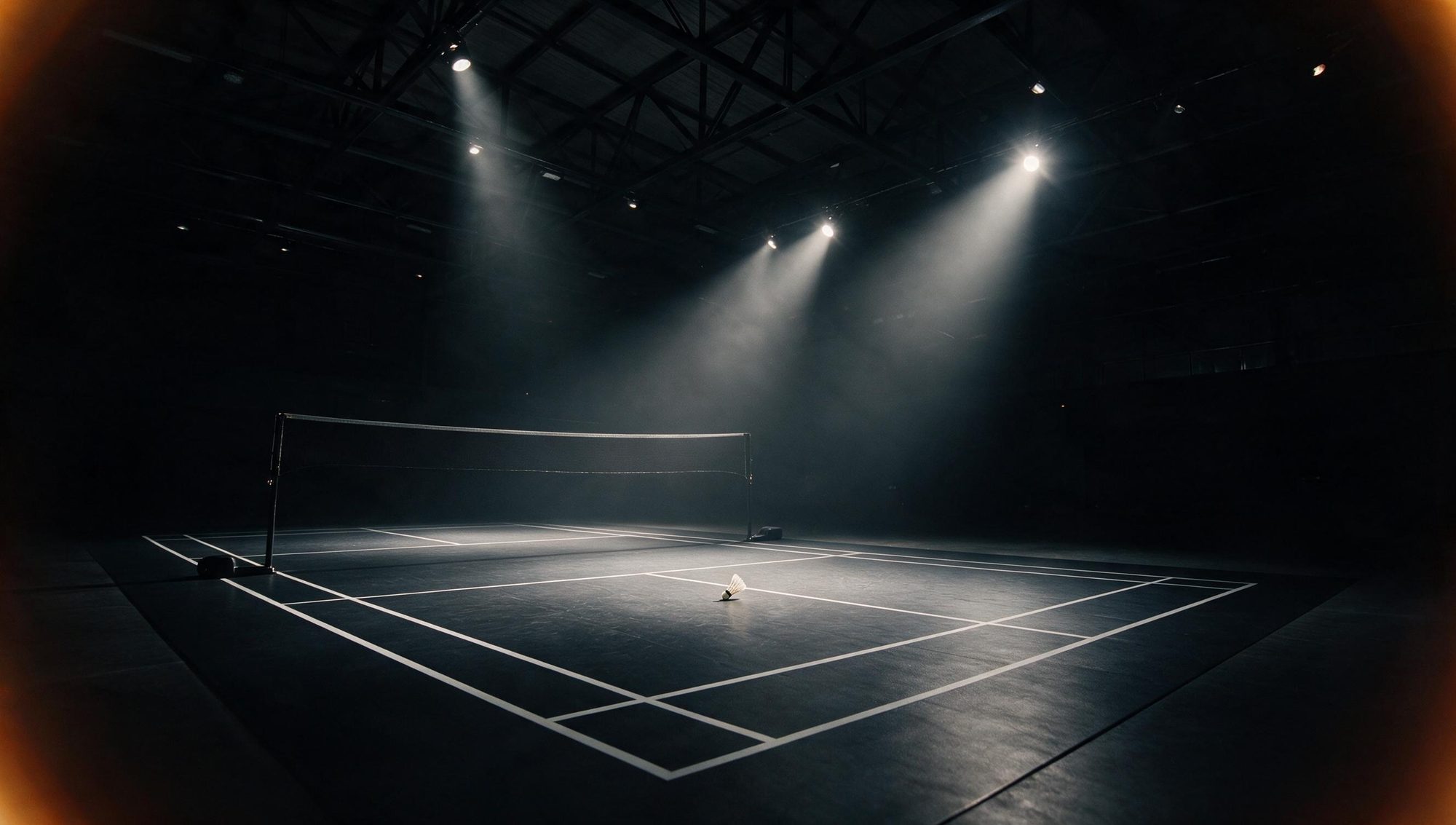 A single spotlit indoor badminton court in a dark architectural hall