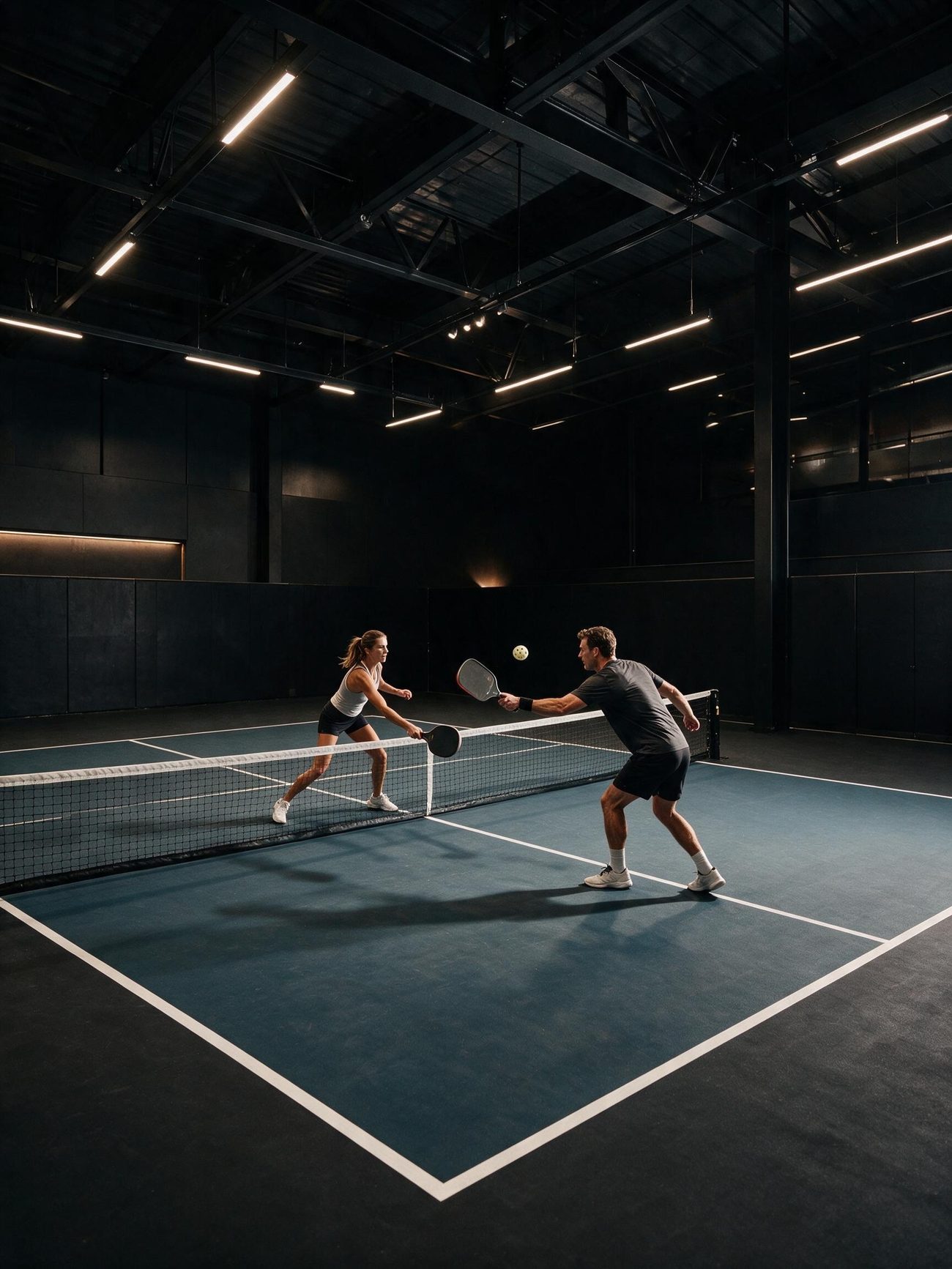 Intense net volley on a premium indoor pickleball court